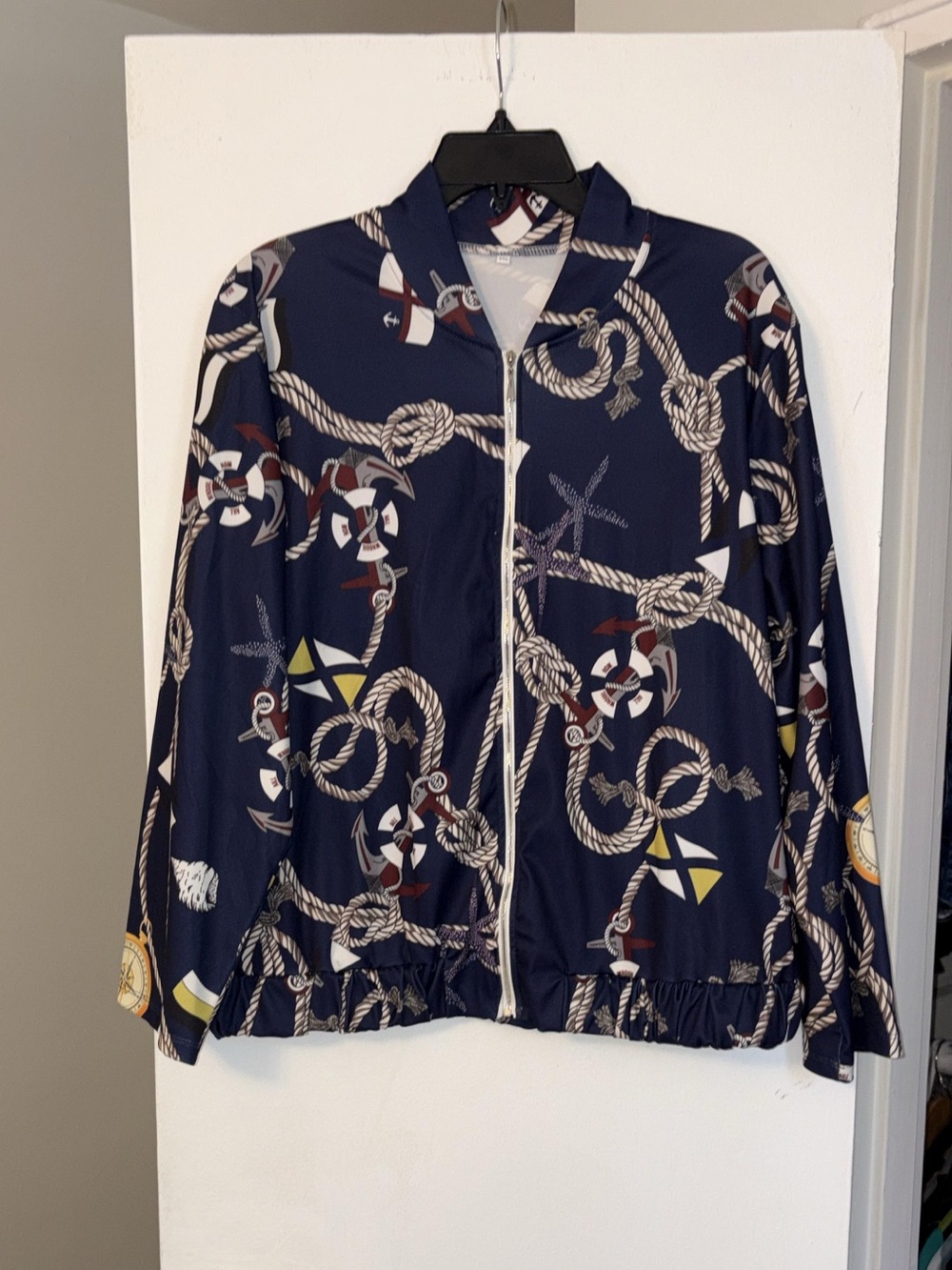 Woman XL Blue Nautical Rope Pattern Long Sleeve Button-Up Shirt (jacket)
